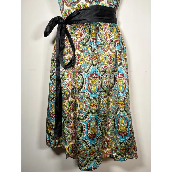 LulaKate Paisley Silk Dress Multicolor Satin Trim Belted Cocktail Boho Size 10 - Image 4