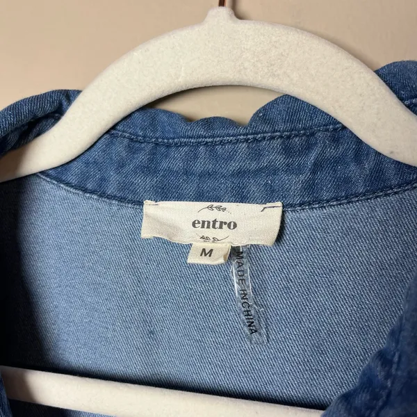Entro Stay Close Denim Drop Waist Collared Button Front Mini Dress Blue M - Image 6