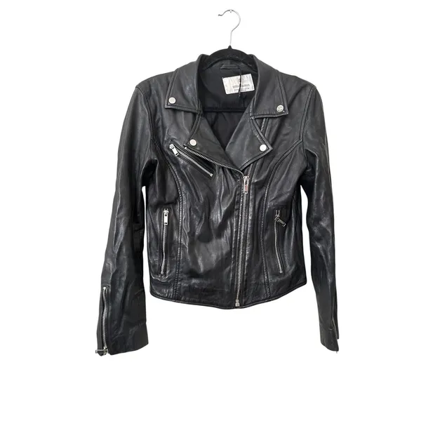 STRADIVARIUS 100% Leather Biker Jacket Black Medium - Image 2