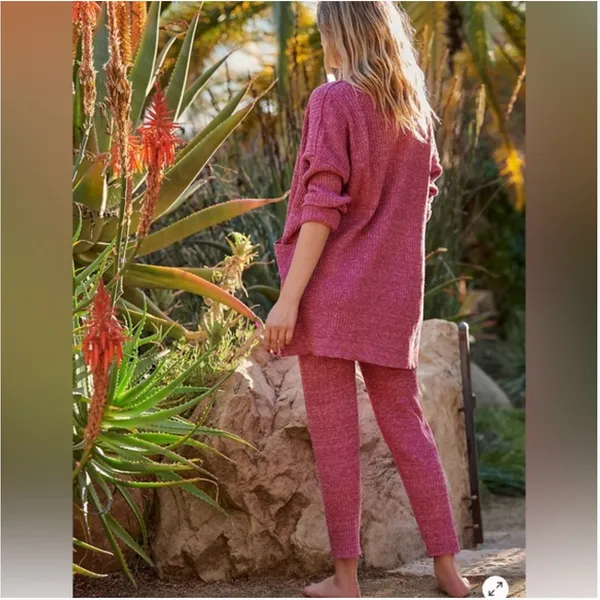 Free People FP Beach Pink Knit Lounge Set Cardigan & Pants XS - Image 3