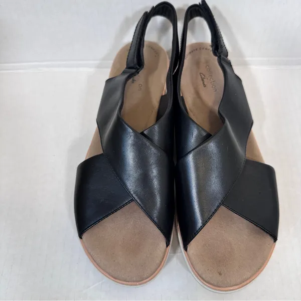 Clarks Black Leather Strappy Wedge Sandals Womens 10 Comfort Shoes Beachy Summer - Image 6