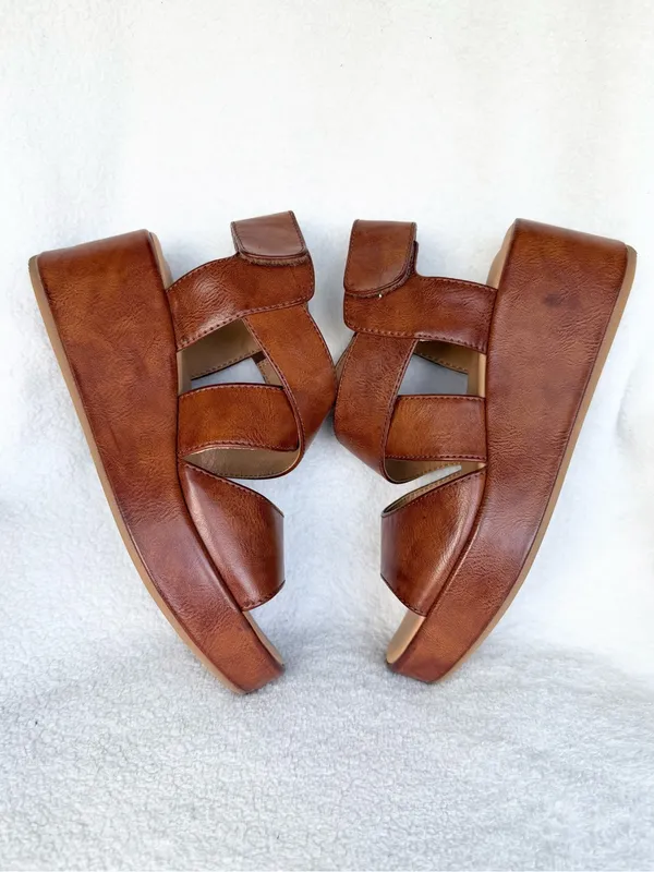 b.o.c. Women's Brown Leather Wedge Sandals - Comfortable Strappy Platform 7 - Image 7