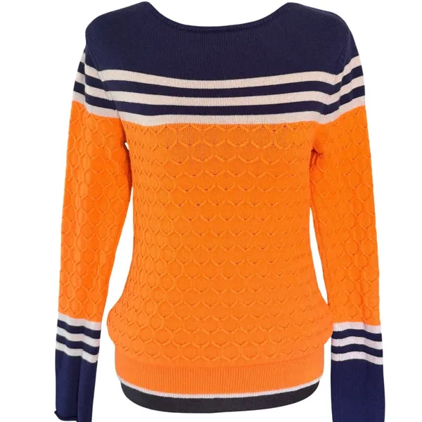 Orange Navy Blue Striped Honeycomb Knit Pullover Sweater‎ Women Crew Neck 0252 - Image 3
