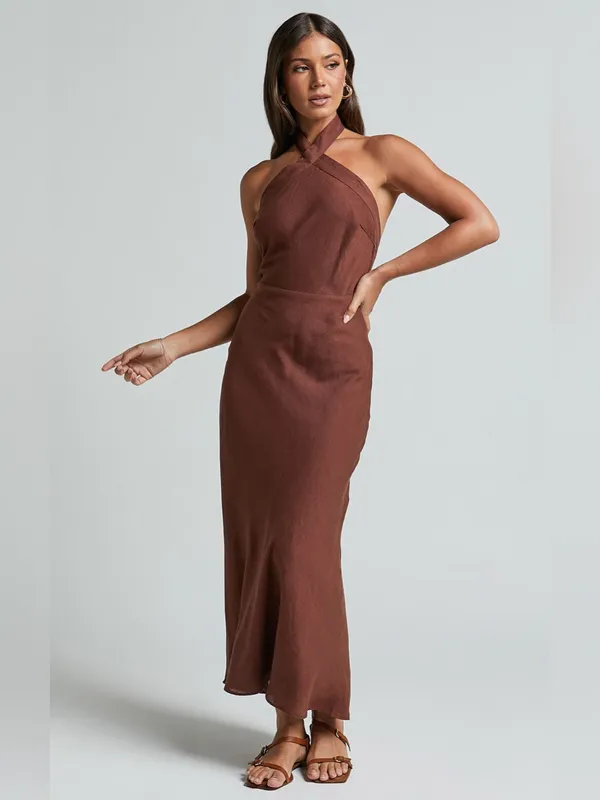 SHOWPO Maelynn Linen Twist Halter Neck Low Back Slip Dress In Chocolate - Image 4