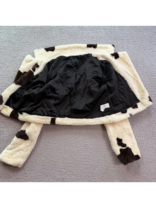 Forever 21 Womens Cow Print Faux Fur Cropped Moto Jacket Biker Zip Cream Brown S - Image 5