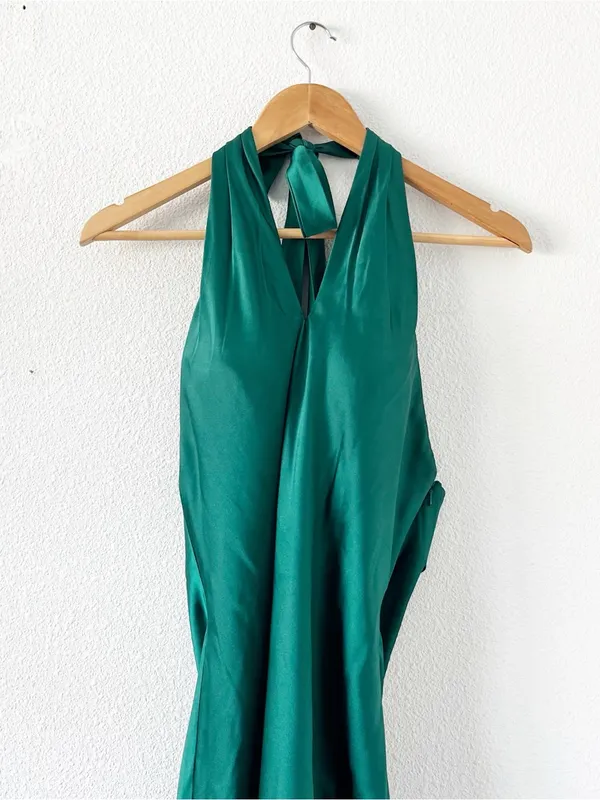 Revelry Amaya Emerald Green Satin Halter Open Back High Slit Formal Gown - Image 3