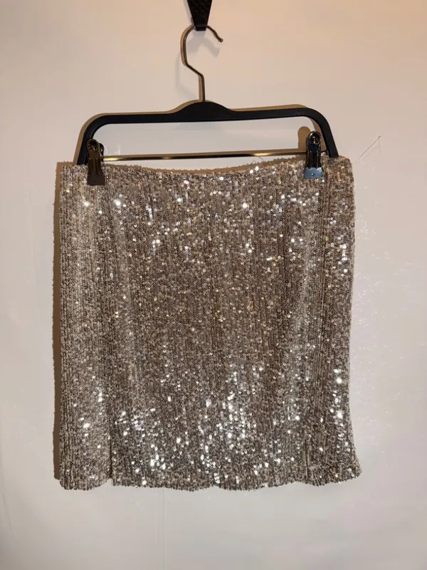 Love on a Hanger NWOT Silver Champagne Sequin Fringe Mini Skirt Sparkly Party Cocktail Size Small - Image 2