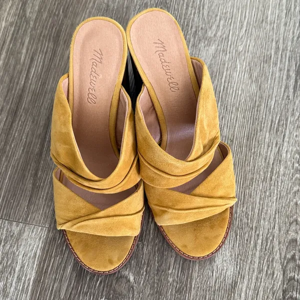 Madewell Sari leather suede crisscross block heel sandals mustard yellow 7.5 - Image 11