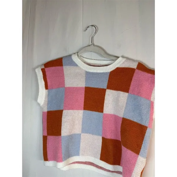 Womens Knit Sweater Vest Size S Colorblock Checkered Pink Blue Rust Cream - Image 4