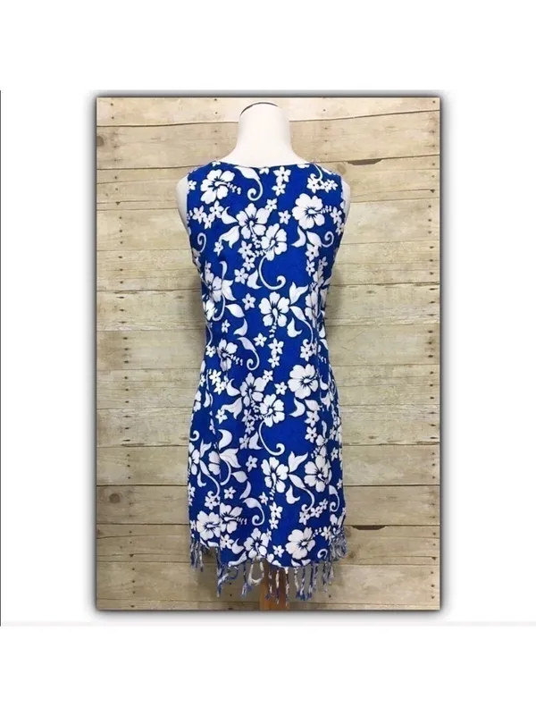 Tropical floral hibiscus print fringed rayon sleeveless dress size S - Image 6