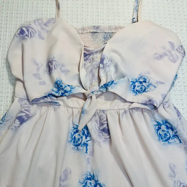 Floral Tie Front Tiered Ruffle Mini Dress Pink/Blue Rose Smocked Back Summer - L - Image 8