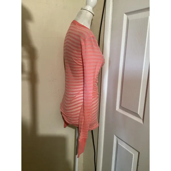 Free People Womens Coral Pink Striped Waffle Knit Thermal Long Sleeve Top M - Image 2