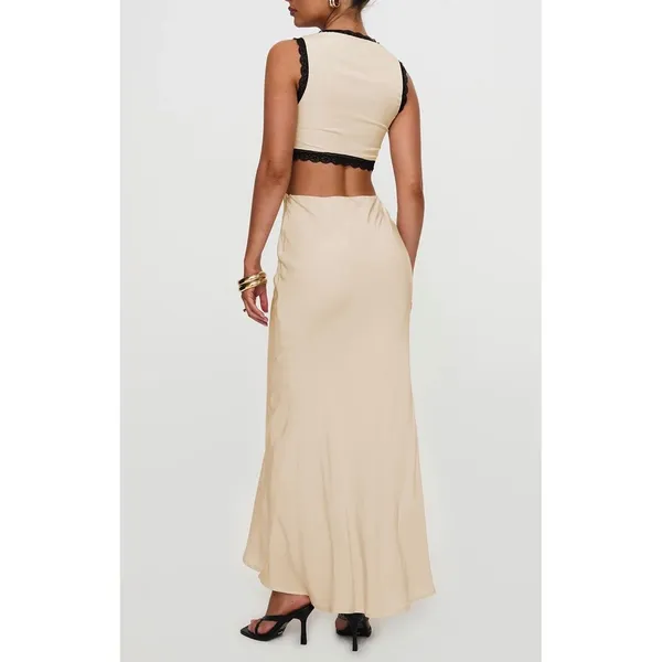NWT Princess Polly Keila Lace Trim Maxi Dress Cream Black Satin Slip Cutout Sz 6 - Image 2