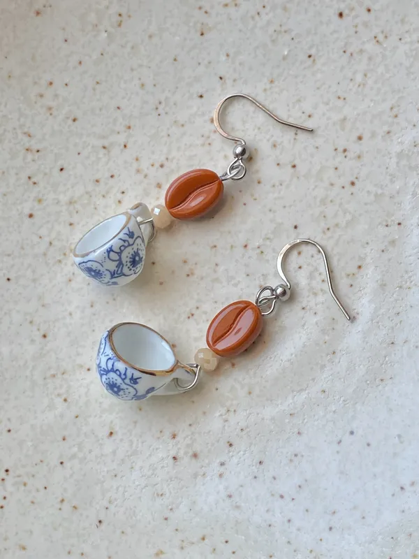 Handmade porcelain mug cup & coffee beans unique fun fairy antique style dangle earrings☕️🍃🌀 - Image 3