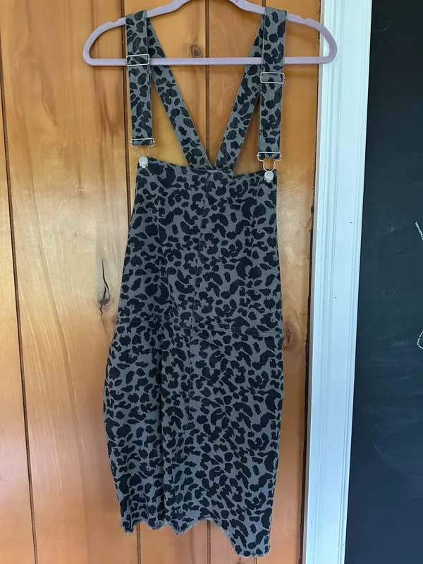 Snow Leopard Print Denim Overalls Mini Dress Multi Size 1X - Image 2