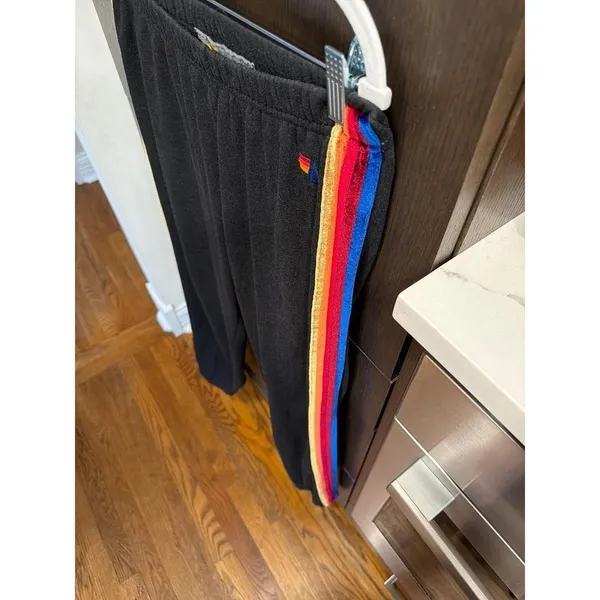 Aviator Nation Favorite 5 Stripe Sweatpants in charcoal black rainbow velvet XL - Image 2