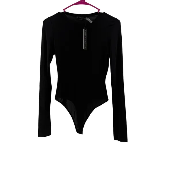 Alice + Olivia Bodysuit SZ Medium Black Hottie Long Sleeve NWT Crew Sheer $275 - Image 2