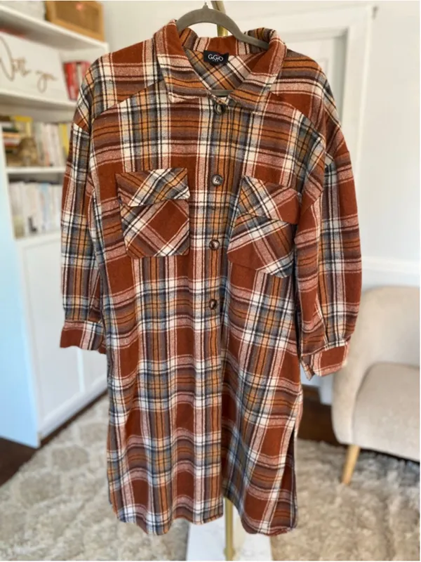 Brown Plaid Button Up Shacket Dress Oversized Cozy Fall Flannel Parisian Country - Image 2