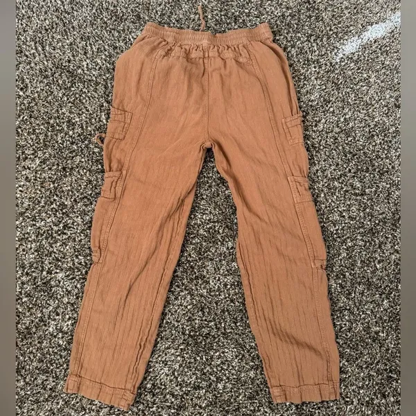 Free People Feel Good‎ Utility Pull On Pants Sz XS Boho Linen Gauzy Brown - Image 6