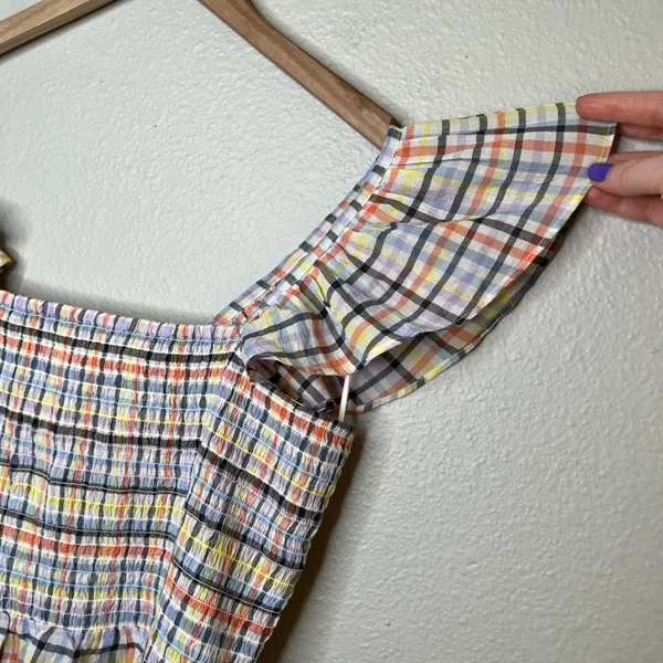 multicolor plaid smocked off shoulder baby doll top size large - Image 5