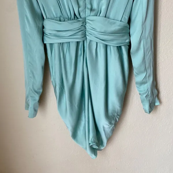 House of CB Pascale Aqua Draped Plunge Satin Mini Dress Womens Size M Mint Green - Image 15