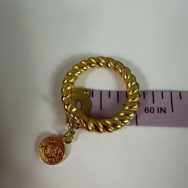 Loewe Gold Tone Scarf Ring Round Logo Pendant Charm Statement Jewelry Designer - Image 4