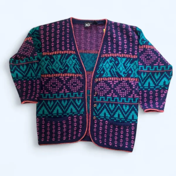 Vintage 80s Colorful Cardigan Sweater Chunky Aztec Patterned Women's Medium - Image 2