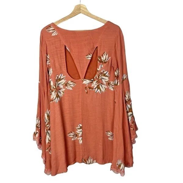 Free People Pink Orange Floral Long‎ Sleeve Boho Shift Dress S - Image 2