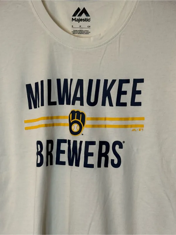 Majestic Cream Milwaukee Brewers Logo Tee with Navy and Yellow Accents - Image 2