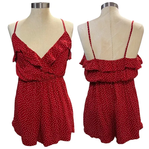 Brandy Melville S Red Polka Dot Ruffle Wrap Front Mini Romper Playsuit Coquette‎ - Image 2
