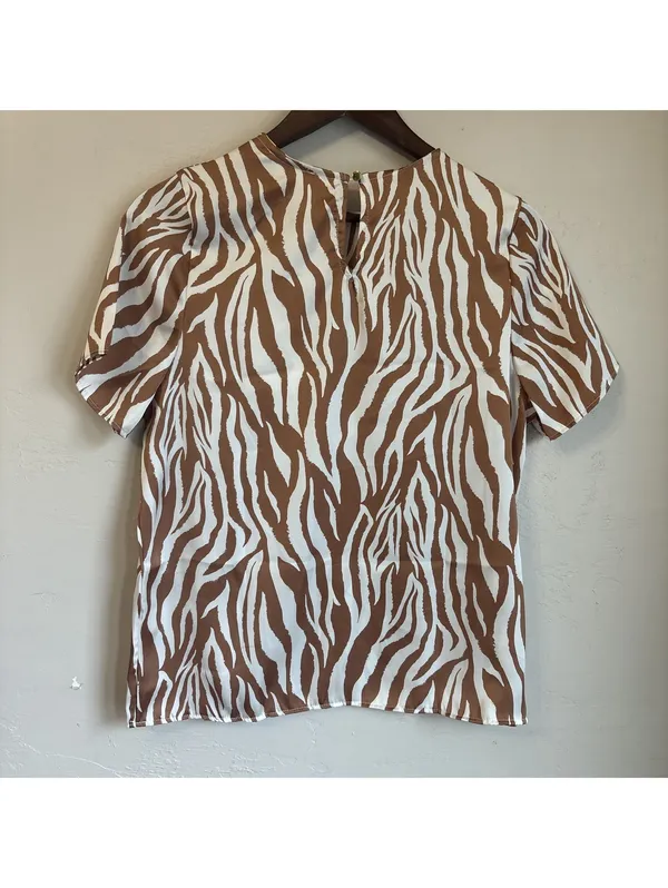Bohme Brown White Zebra Print Satin Short Sleeve Top Keyhole Back Size S NWT - Image 2