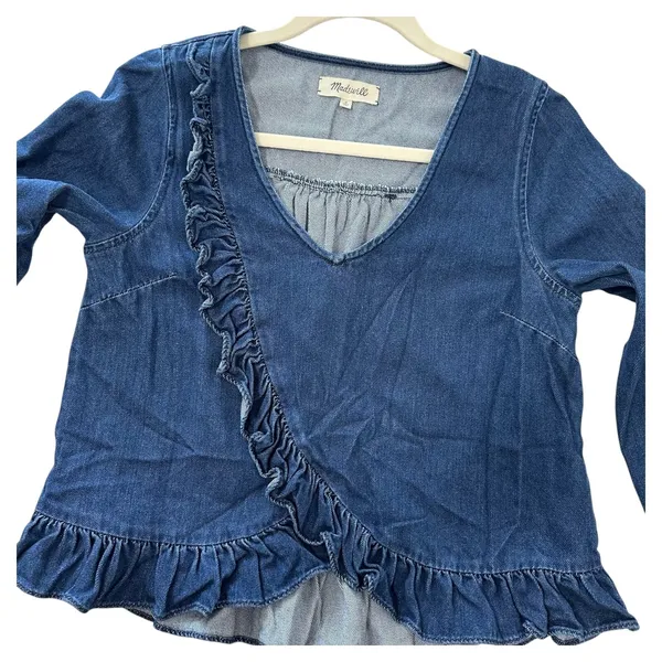 Madewell Womens Size-S Blue Denim Ruffle Detail Cotton Blouse Top Cropped - Image 5