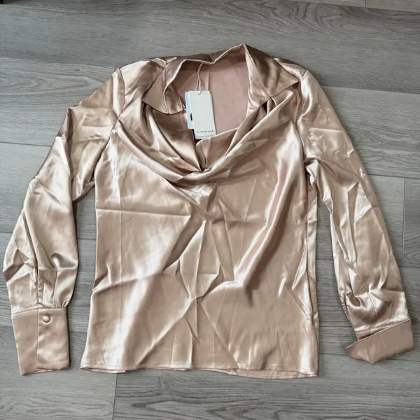 Commense Elegant Satin Old Money Pleated Long Sleeve Blouse Champagne Small - Image 2