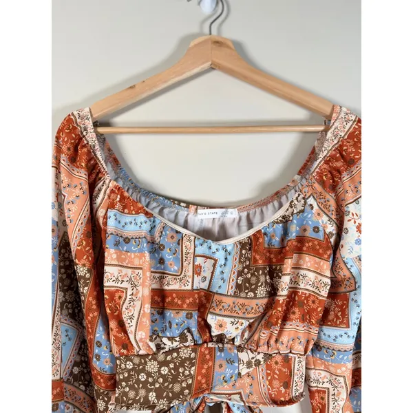Altar'd State Floral Patchwork Crop Top Long Balloon Sleeve Boho Rust Blue Large - Image 5