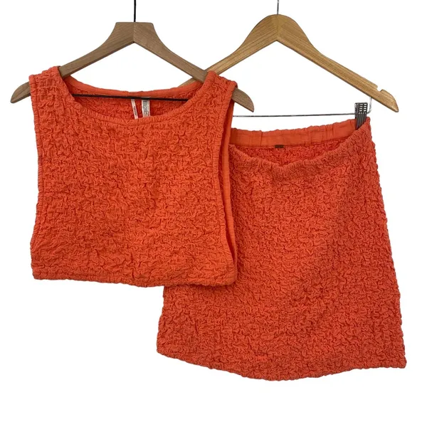 Free People 2 Piece Set Smocked Cropped Tank High Waist Mini Orange Womens Large - Image 2