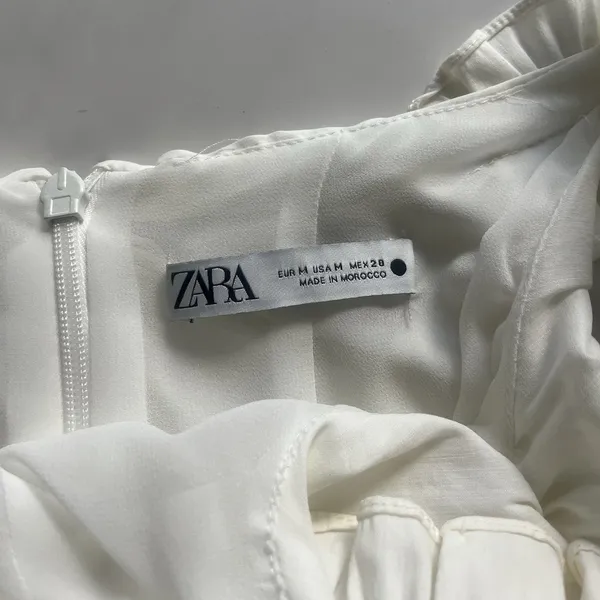 Zara Ruffle Strap Ruched Linen Blend Dress Off White Cream Medium Coastal - Image 3