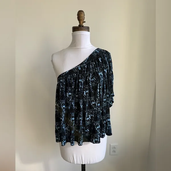 Free People Ocean Avenue One Shoulder Flowu Blue Patterned Top Small - Image 3