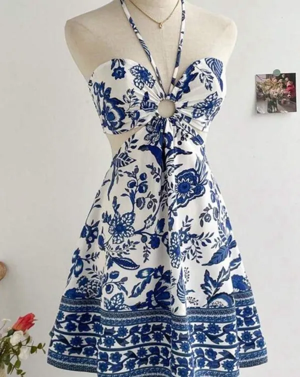 blue and white floral vacation mini dress - Image 3