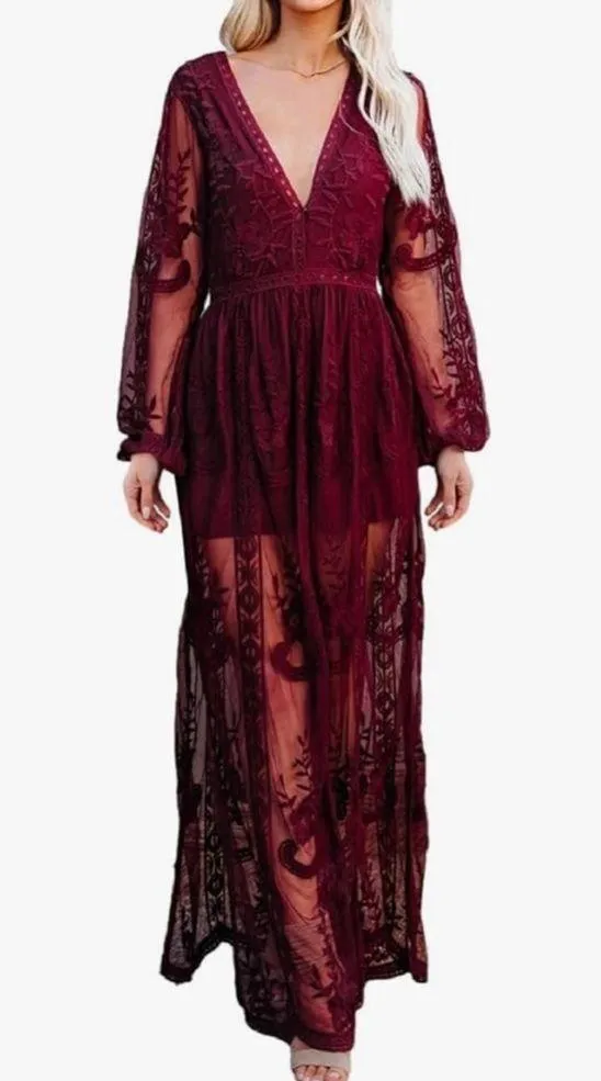 Mesh Lace Overlay Long Sleeve Maxi Dress Maroon Large - Image 3