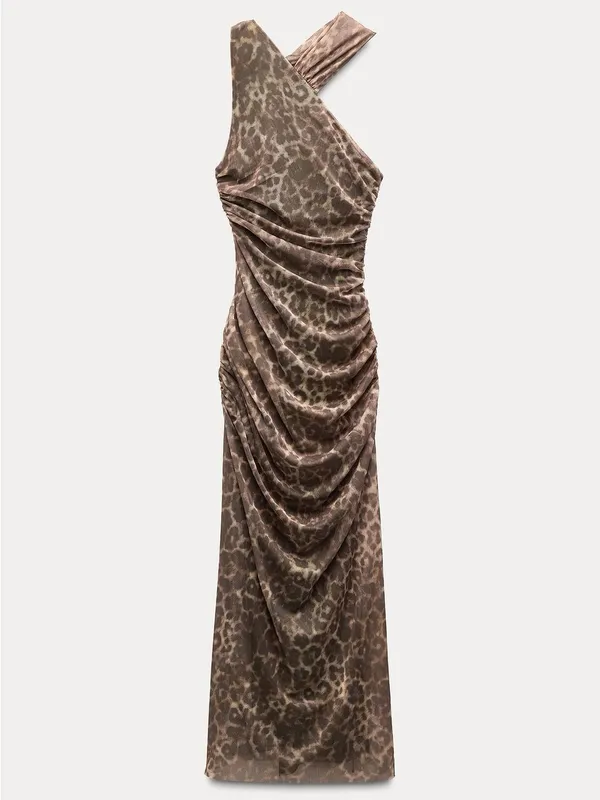 Zara One-Shoulder Leopard Print Maxi Dress - Brown - Image 8