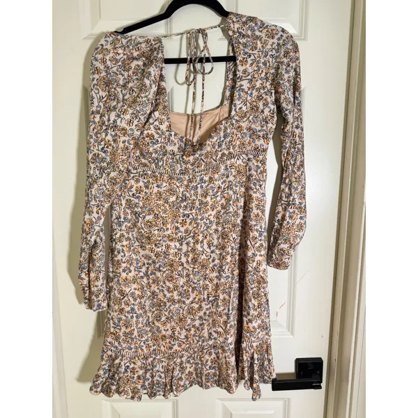 Free People Boho Floral Mini‎ Dress Tie Back Long Sleeve Size 8 - Image 9