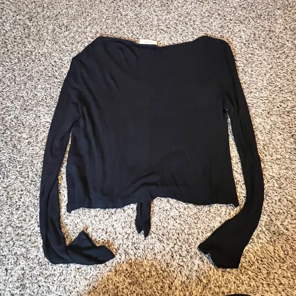 Ivoire Womens Black Ribbed Long‎ Sleeve Tie Front Cropped Button Up Top Size L - Image 5