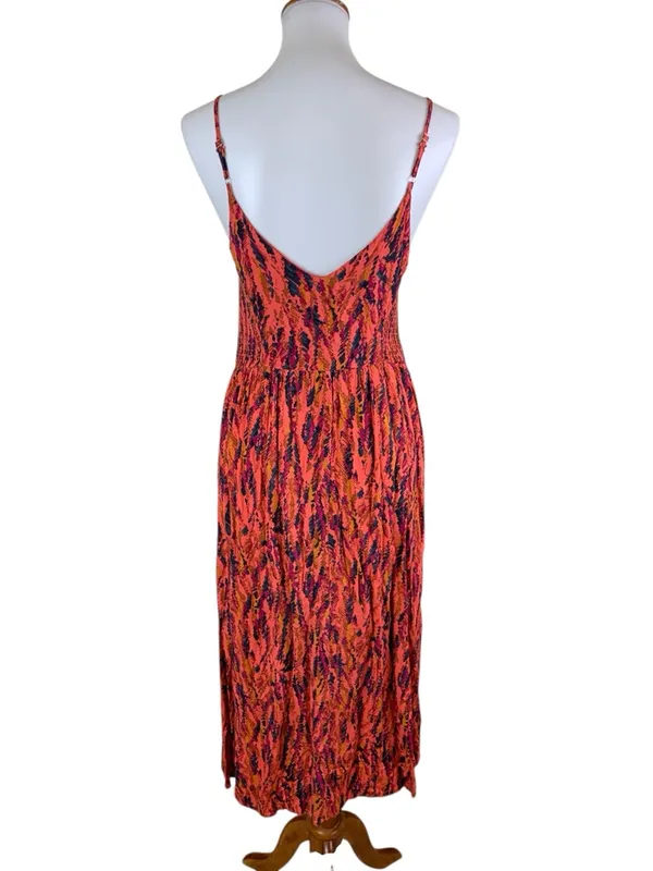 Peyton Jensen Orange Abstract‎ Print Midi Dress Spaghetti Strap Smocked Waist S - Image 3