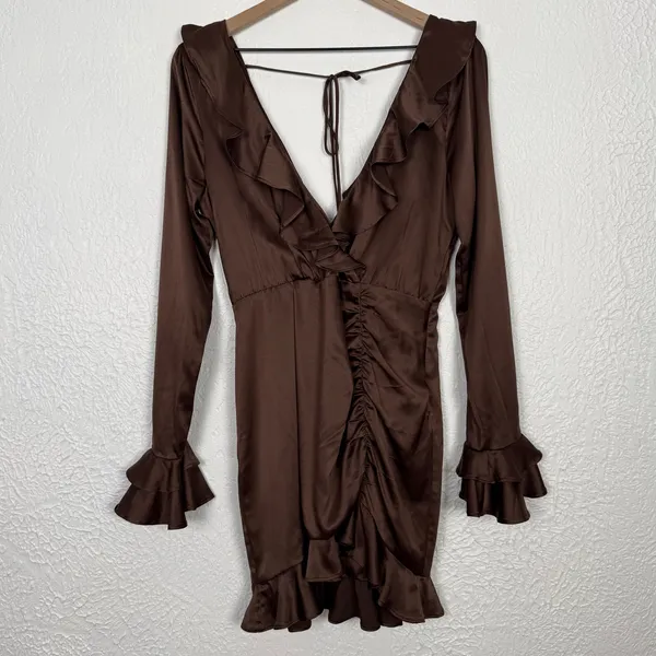 Majorelle Nelly Satin Ruffle Long Sleeve Mini Dress in Brown Size Medium - Image 2