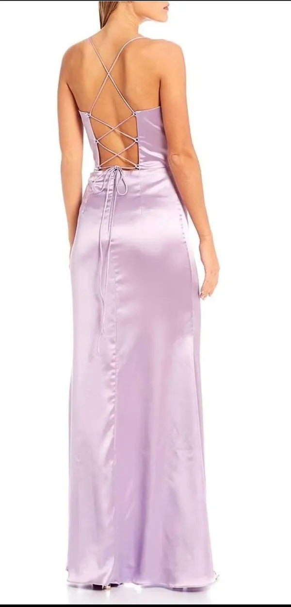 GB Social Corset Cowl Neck Lace-Up Back Slit Hem Satin Long Dress - Image 2