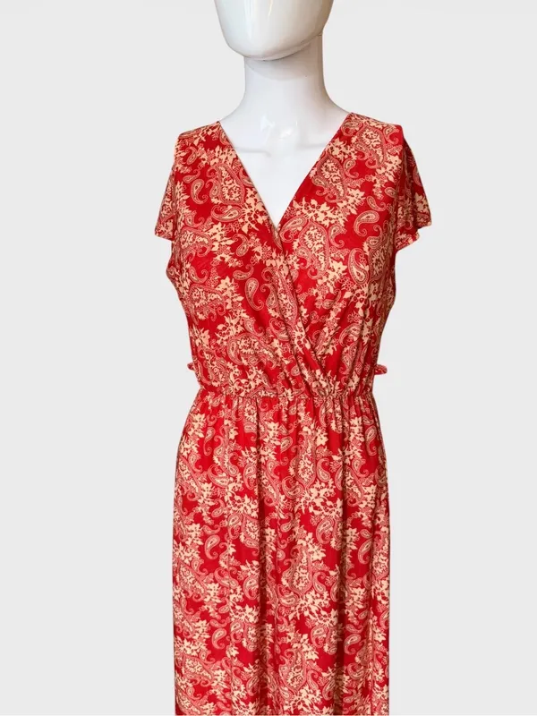 Red Paisley V-Neck Maxi Dress with Elastic Waist - Image 2