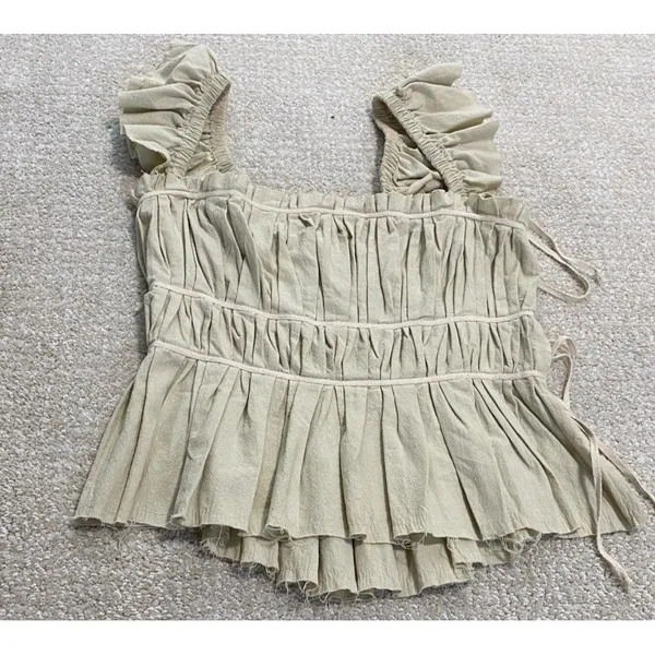 Free People Beige Ruffle Sleeve Drawstring Cropped Blouse Cotton Size S - Image 11