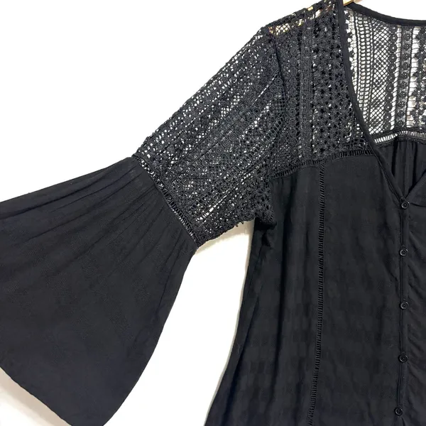 Bell Sleeve Blouse Black Crochet Lace Boho Peasant Festival Date Casual Hippie L - Image 4