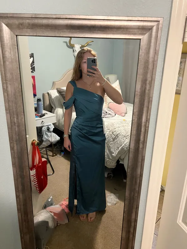 Azazie Wynter Bermuda sheath one shoulder stretch satin dress - Image 2