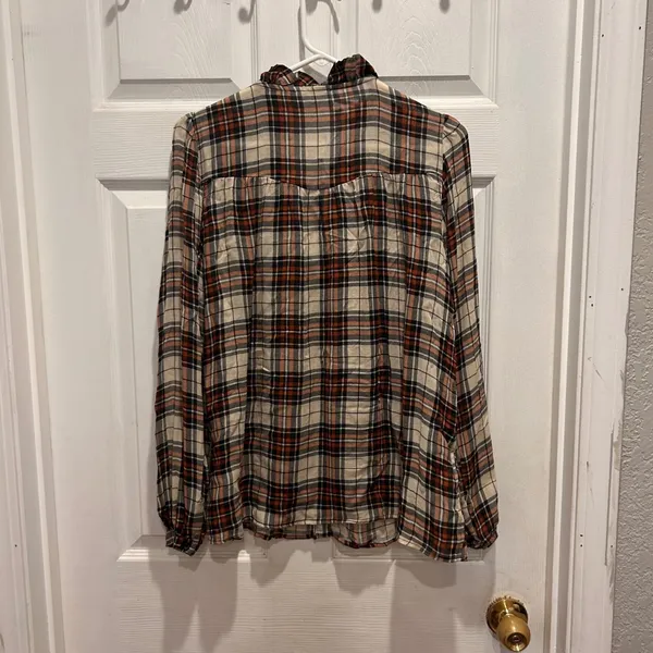Mango MNG Womens Plaid Ruffle V-Neck Blouse Orange Black‎ Wool Blend 8 Academia - Image 6